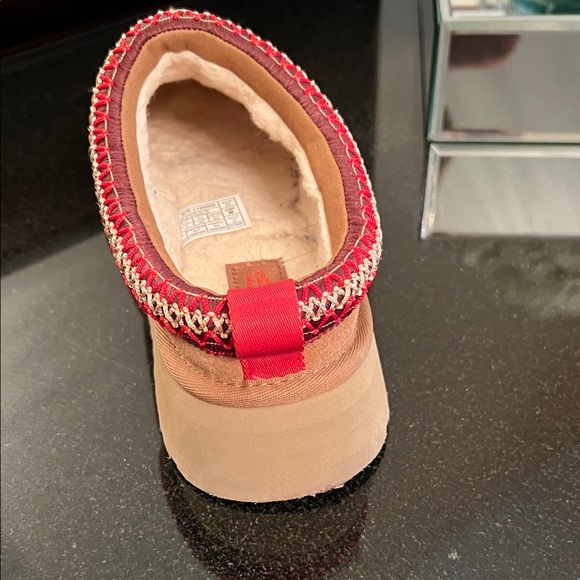 UGG Tasman II Chestnut Suede Slip-Ons with Red Patterned Trim platform slippers - Picture 11 of 15